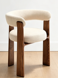 Solid Wood Curved Linen Upholstered Dining Chair, Minimalist Armrest Accent Chair for Kitchen Cafe Hotel
