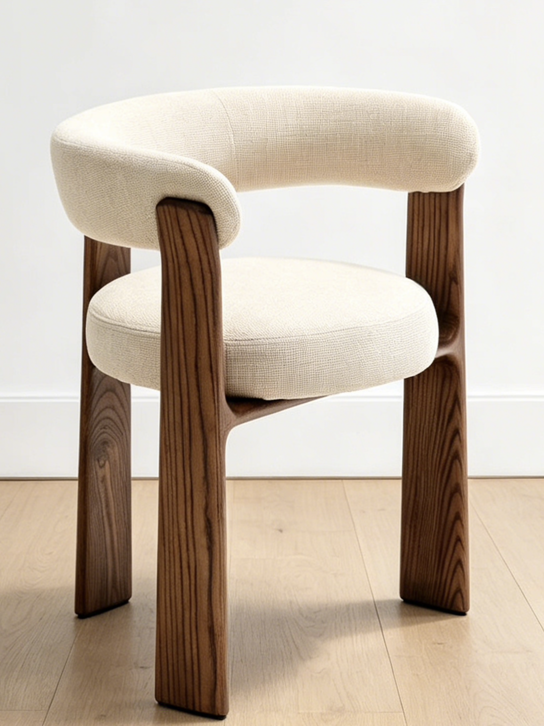 Solid Wood Curved Linen Upholstered Dining Chair, Minimalist Armrest Accent Chair for Kitchen Cafe Hotel