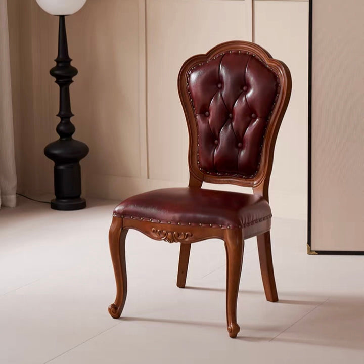 American Tufted Leather Dining Chair, Rubber Wood Carved Solid Wood Chair