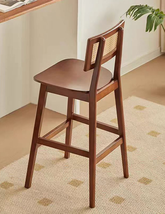 Retro Japanese Rattan Backrest Bar Chair, Rubber Wood Commercial High Stool for Cafe, Hotel & Home Bar