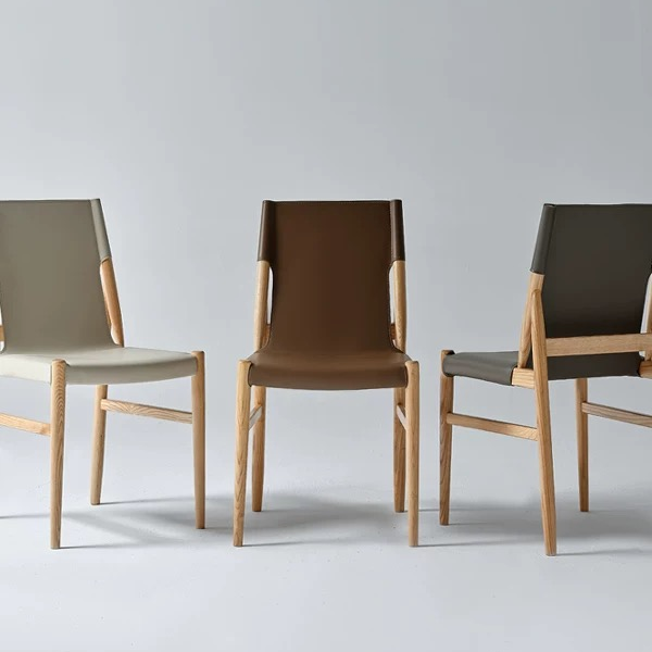 Nordic Solid Wood Saddle Leather Dining Chair, Minimalist Backrest Chair for Home, Modern Light Luxury Ash Wood Chair