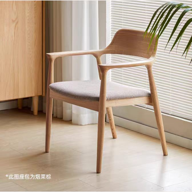 Ash Wood Hiroshima Chair, Solid Wood Dining Chair For Home, Log Style Restaurant Chair With Backrest & Armrest