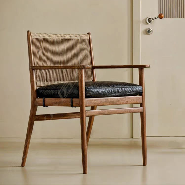 Nordic Solid Wood Rope Woven Dining Chair, With Armrests, Ideal For Restaurant, Homestay, Hotel & Home Use, Customization Available