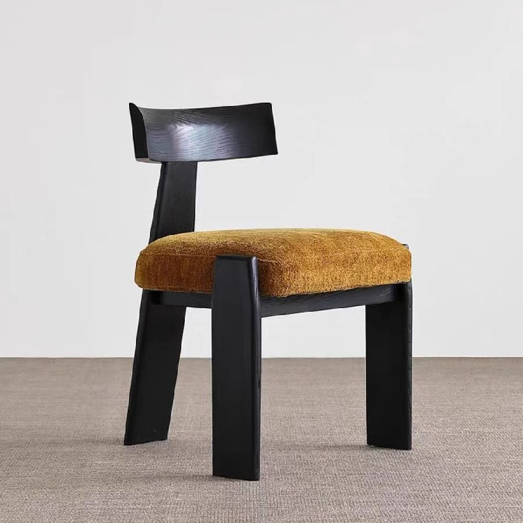 Vintage Mid-Century Solid Wood Dining Chair, Black Ash Wood Upholstered Accent Chair, Designer Single Chair for Living Room & Home
