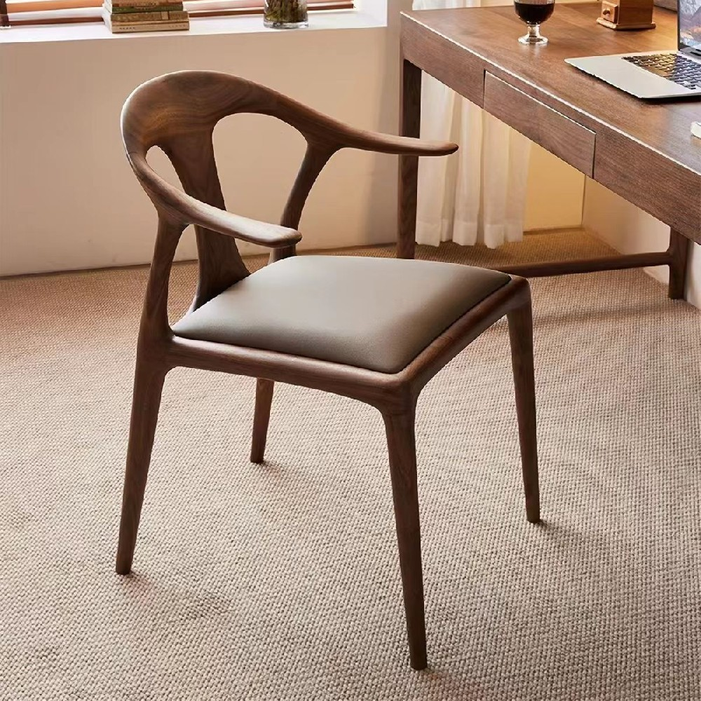 Nordic Style Solid Ash Wood Dining Chair with Backrest & Armrests, Upholstered Duckbill Chair for Home, Leisure & Tea Room