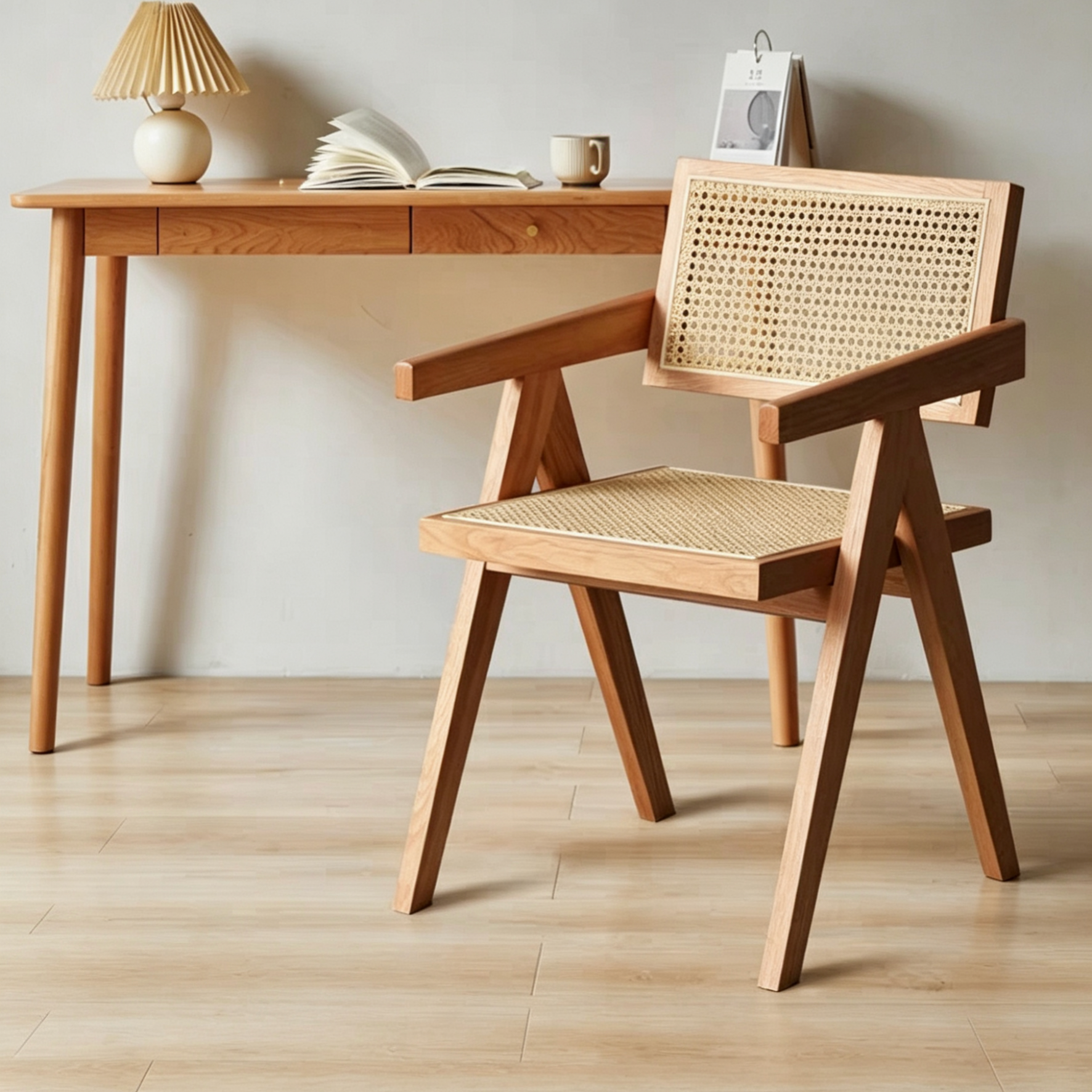 Solid Ash Wood Rattan Dining Chair with Armrest, Woven Cane Seat Chair for Home Study