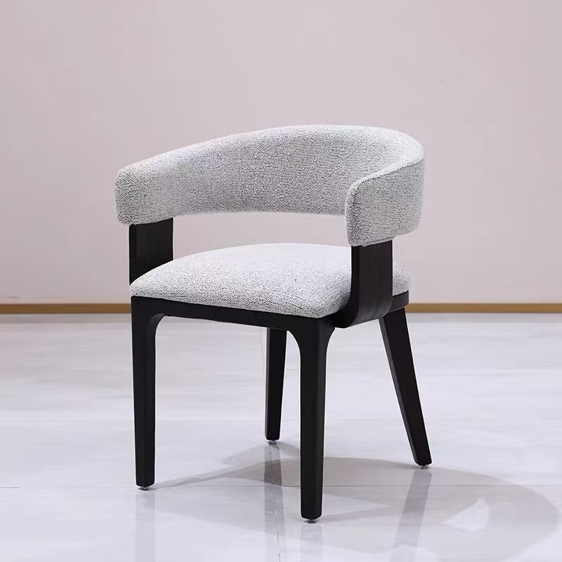 Light Luxury Italian Minimalist Dining Chair, Black Solid Wood Frame, Light Gray Linen Fabric Seat