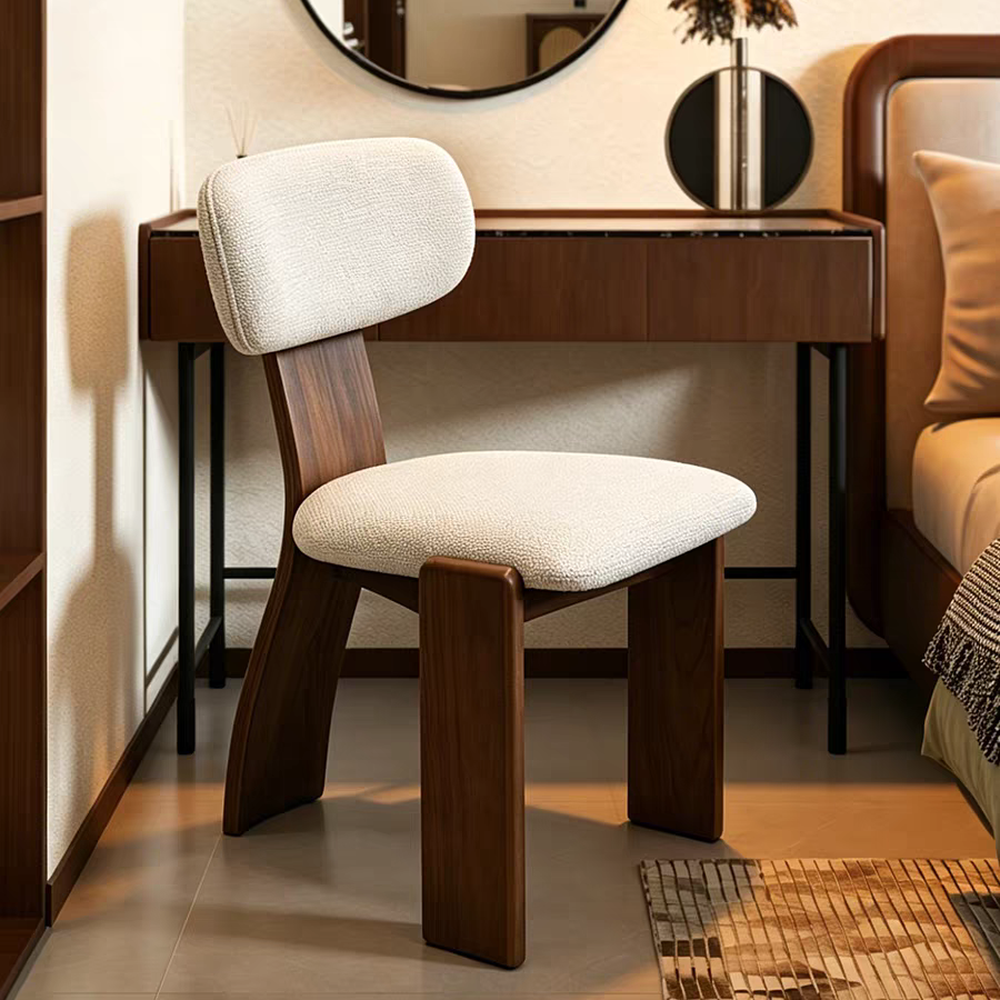 Modern Solid Rubber Wood Linen Upholstered Vanity Chair, Curved Accent Side Chair for Bedroom & Dining