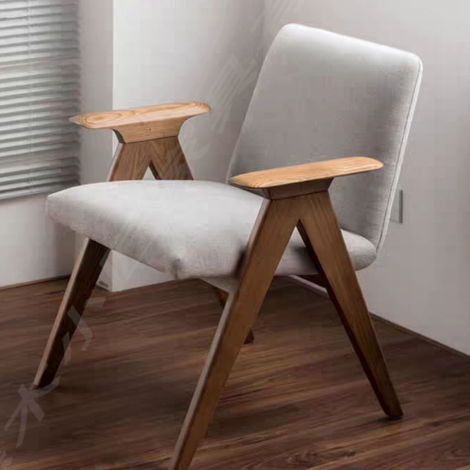 Nordic Ash Wood Linen Armchair, Simple Solid Wood Leisure Chair For Hotel & Homestay